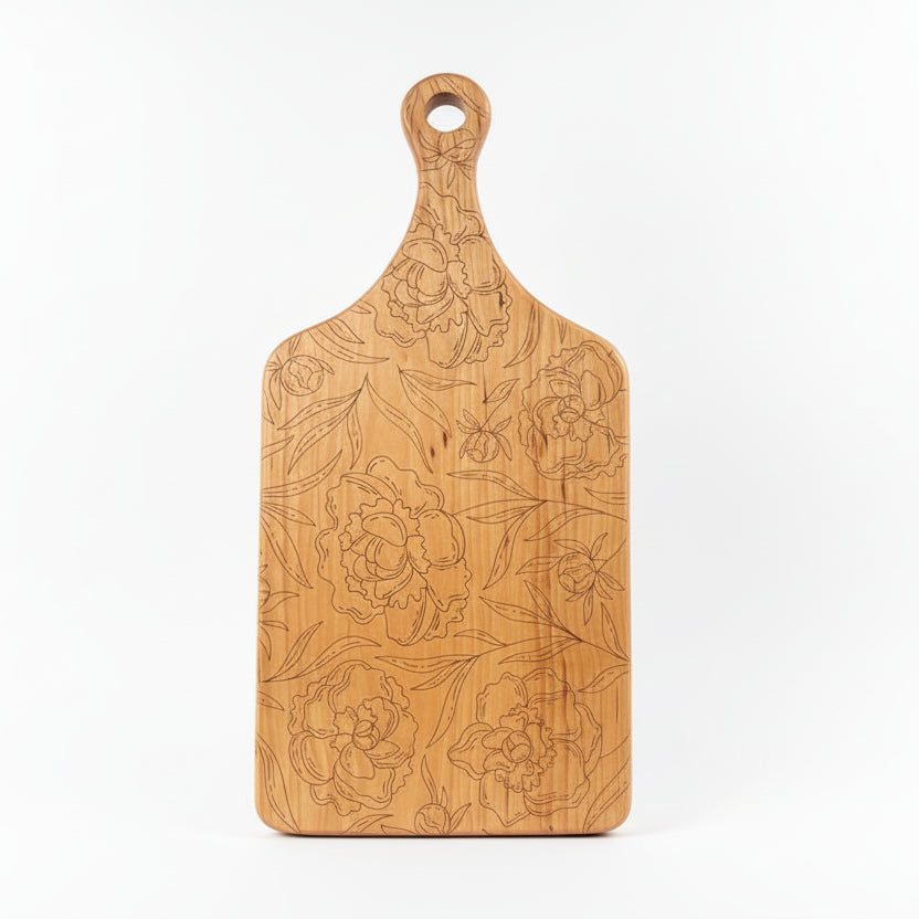 Cherry Hardwood Floral Engraved Serving Tray