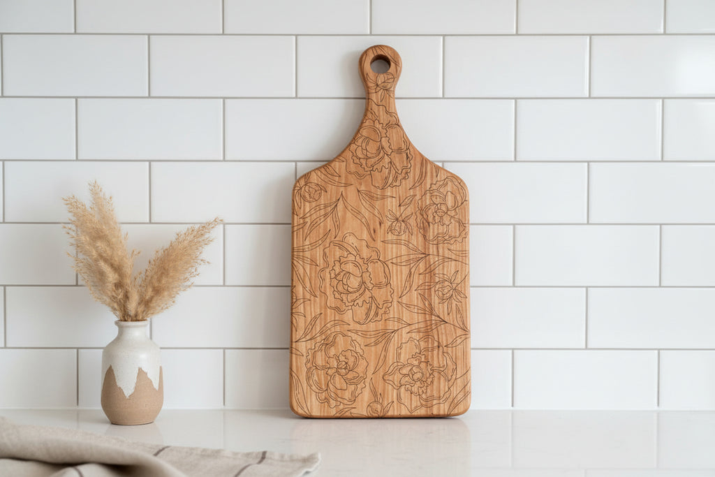 Cherry Hardwood Floral Engraved Serving Tray