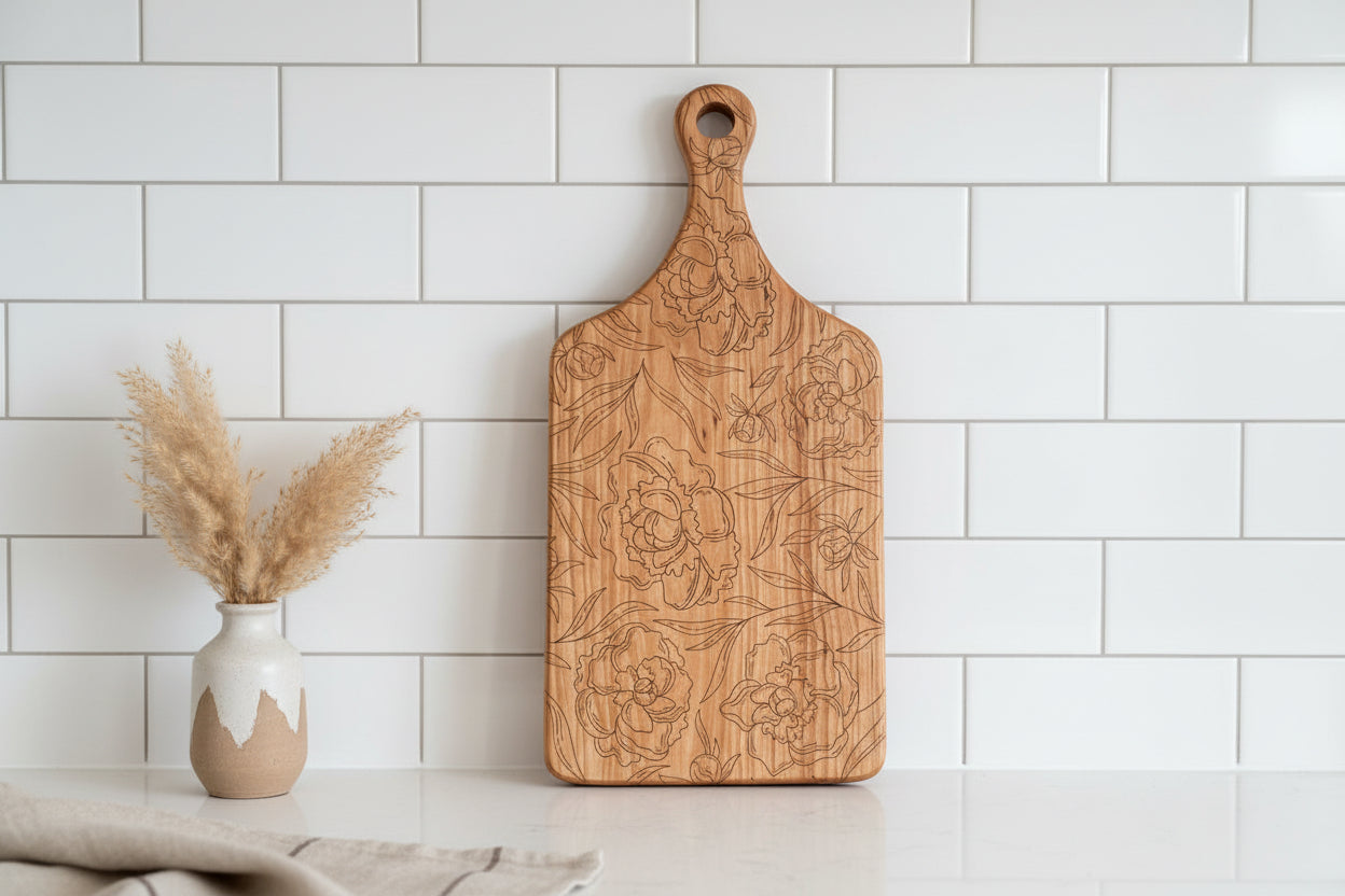 Cherry Hardwood Floral Engraved Serving Tray